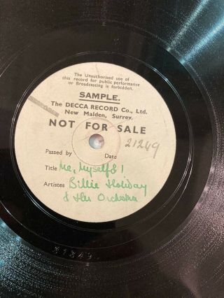 Billie Holiday & Her Orchestra ‘me,  Myself And I’ Pre - War Shellac Test Pressing