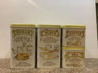 Vintage Set Of 4 Cheinco Metal Tin Canisters - With Recipes