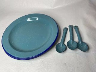 Vintage Granite Ware Speckled Enamel Ware Dinner Plates 3 & 3 Spoons Metal Blue