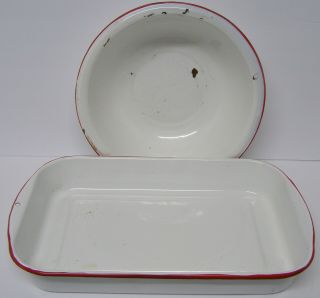 Vintage Enamelware White With Red Trim Enamel Waretray & Wash Basin
