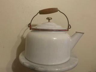 Early Mid - Century Enamel White Red Trim Large Teapot
