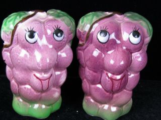 Vintage Anthropomorphic Grape Cluster Head People Salt & Pepper Shakers Japan