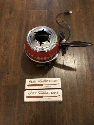 Vintage Oster Electric Fondue Pot Red Teflon Coated Pan W/lid,  8 Forks