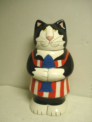 Ceramic Black/white Cat Holding Fish Cookie Jar Canister Treats Snacks Dry Food