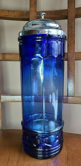 Cobalt Blue Glass Straw Holder Restaurant Style Dispenser W/ Chrome Pull Up Lid