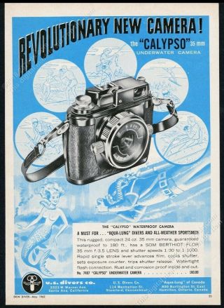 1962 Us Divers Calypso Diving Underwater Camera Topless Mermaid Art Vintage Ad