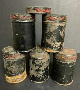 Antique Vtg Toleware Painted Tin Spice Set Of 5 Five Canisters