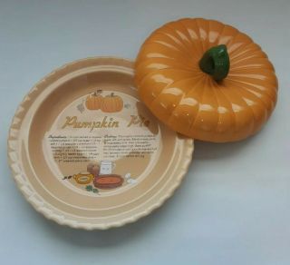 Vintage Pumpkin Pie Recipe Dish Ceramic Fall Baking Pie Plate With Lid 2pc 11 