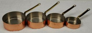 Vintage Copper Measuring Cups Set Of 4 Brass Handles Heavy Marked 1 To 1/4 Cup