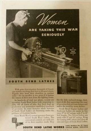 1943 South Bend Lathe Vintage Print Ad,  Women War Wwii.  9.  25 × 6.  5 Inches
