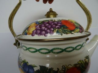 Vintage Metal Enamel Floral Tea Kettle With Ceramic Porcelain Handle