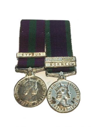 Authentic Miniature Medal Pair,  Campaign Service In Cyprus,  Borneo,  South Arabia