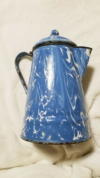 Vintage Graniteware Enamelware Blue & White Swirl Coffee Pot