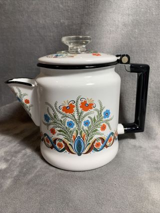 Vintage Swedish Berggren Floral Enamel Coffee Percolator Teapot Enamelware