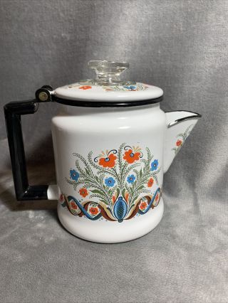 Vintage Swedish Berggren Floral Enamel Coffee Percolator Teapot Enamelware 3