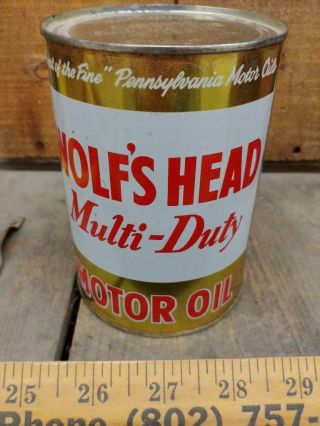 Wolfs Head " Multi - Duty " Motor Oil Mt 1 Quart Tin Litho Can - Oil City Pa -
