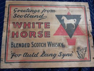 Old WHITE HORSE WHISKY Ad Wooden Box Crate ' Greetings from Scotland ' BAR sign 2