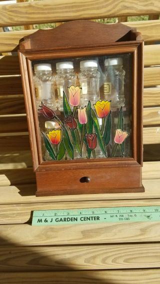 Vintage Wood Spice Rack Cabinet With Glass Jars Faux Stained Glass 2 Shelves