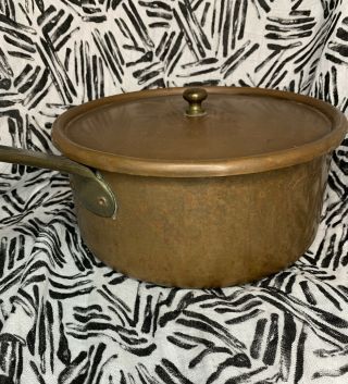 Vintage French Copper Tin Lined 8” Sauce Pan Stock Pot With Lid.