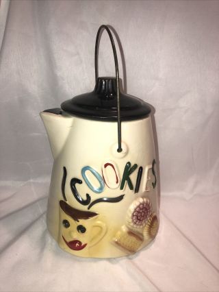 Vintage American Bisque Tea Coffee Kettle Black Lid Cookie Jar Container Usa