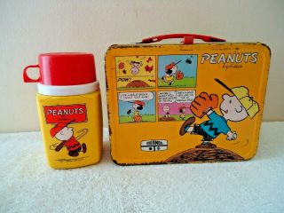 Vintage Peanuts By Schulz Red Handle Metal Lunch Box With Thermos " Great Item "