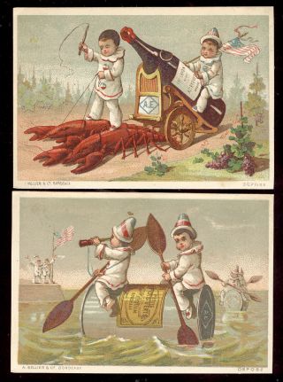Nyc 2 French Bordeaux Trade Cards,  Flags,  Bottle,  Wine Can With Boy Clowns Z468