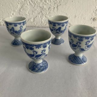 Antique/vtg 4 Eastet Ceramic/porcelain Blue And White Egg Cups