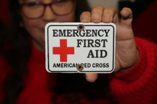 Emergency First Aid American Red Cross Wwii Gas Oil Porcelain Metal Sign