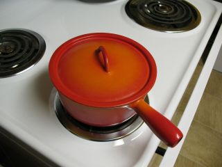 Vintage Descoware 7 - C Sauce Pan W/lid Orange Flame Enamal Cast Iron