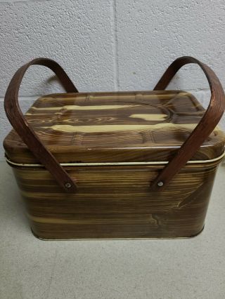 Vintage Old Metal Bread Box Or Picnic Basket With Wood Handles National Can Corp