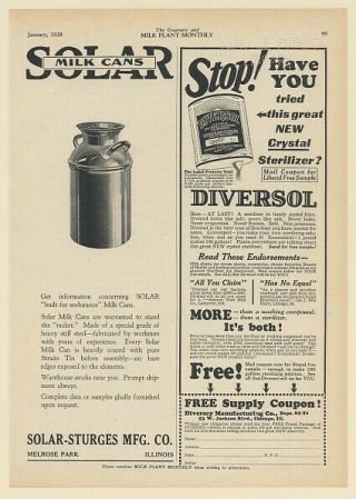 1928 Solar - Sturges Mfg Co Milk Cans Diversol Crystal Sterilizer Dairy Print Ad
