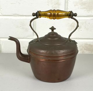 Antique Copper & Brass Stove Top Kettle W.  Amber Glass Handle 1900s