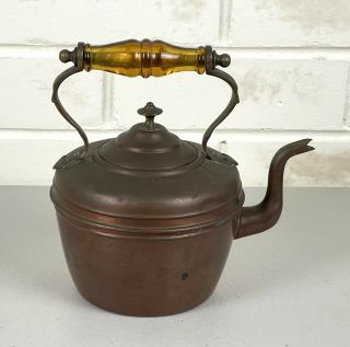 Antique Copper & Brass Stove Top Kettle w.  Amber Glass Handle 1900s 2