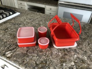 Vintage Tupperware Pak - N - Carry Red Lunch Box - Complete Set 3