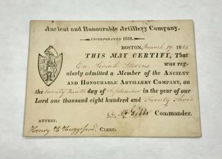 Ancient And Honorable Artillery Company Of Massachusetts 1824 Membership Card