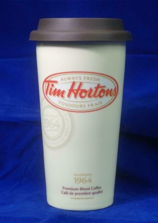 Tim Hortons 2012 Ceramic Travel Tumbler Coffee Tea Mug Silicone Lid 1964 Design