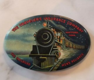C1905 Celluloid Advertising Pocket Mirror Travelers Insurance Railroad Workers
