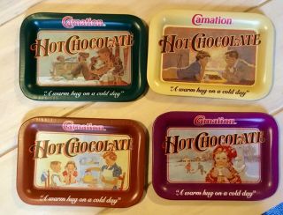 Set Of 4 Carnation Hot Chocolate Tin Advertising Tray - A Warm Hug On A Cold Day
