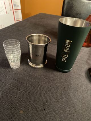 Buffalo Trace Shaker,  Cup And 6 Plastic Shot Glasses