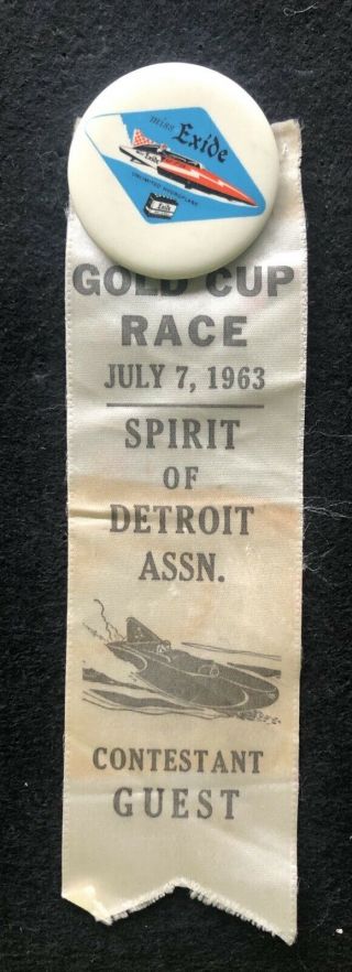 Miss Exide Button With Spirit Of Detroit 1963 Gold Cup Race Contestant Ribbon