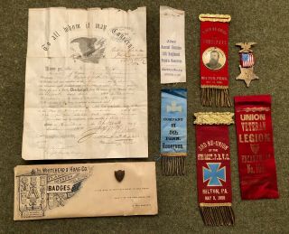 Id’d Civil War 5th Pennsylvania Veteran Discharge Gar Lodge Encampment Ribbons
