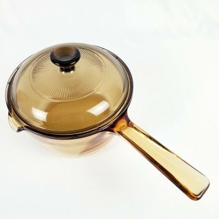 Corning Amber Visions 1 Liter Saucepan Pour Spout Pot Amber With Lid Usa 1 Qt.