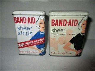 2 Vintage Band Aid Tins Lady In Blue & Black Dress Sheer Bandage Plastic Strips
