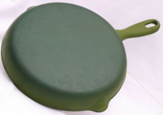 Vintage Avocado Green White Enamel Cast Iron Skillet Pan 10 " Cookware Duel Spout