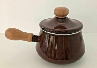 Mid Century Modern Danish Enamel Brown Fondue Or Sauce Pot With Lid
