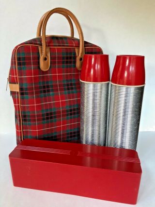 Vtg 4 Pc Picnic Set Tartan Plaid Bag Thermos Metal Bottles Plastic Sandwich Box