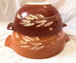 2 Vintage Pyrex Cinderella Nesting Mixing Bowls Autumn Harvest Wheat 443 & 442