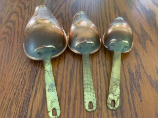 Vintage Copper 3 Piece Measuring Scoop Set Riveted Brass Handles 2oz 3oz 7ounce