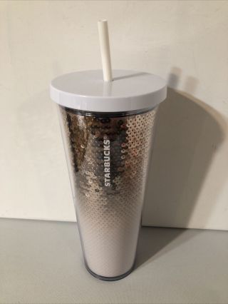 Starbucks Sequin 24 Oz Holiday 2018 Tumbler Pink Rose Gold And White