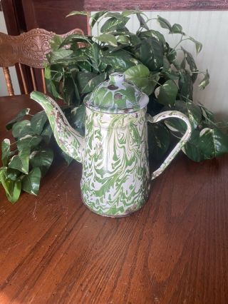 Vintage Green White Swirl Granite Ware Coffee Tea Pot Farmhouse Decor